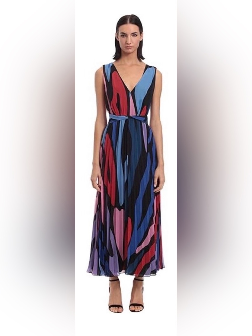 Donna Morgan Multicolor Red Blue Pink and Black Abstract Maxi Dress